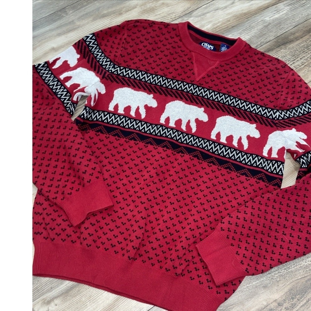 Chaps Sweater Mens MediumRed Cotton Fair Isle Polar Bears Crew Neck Pullover VTG